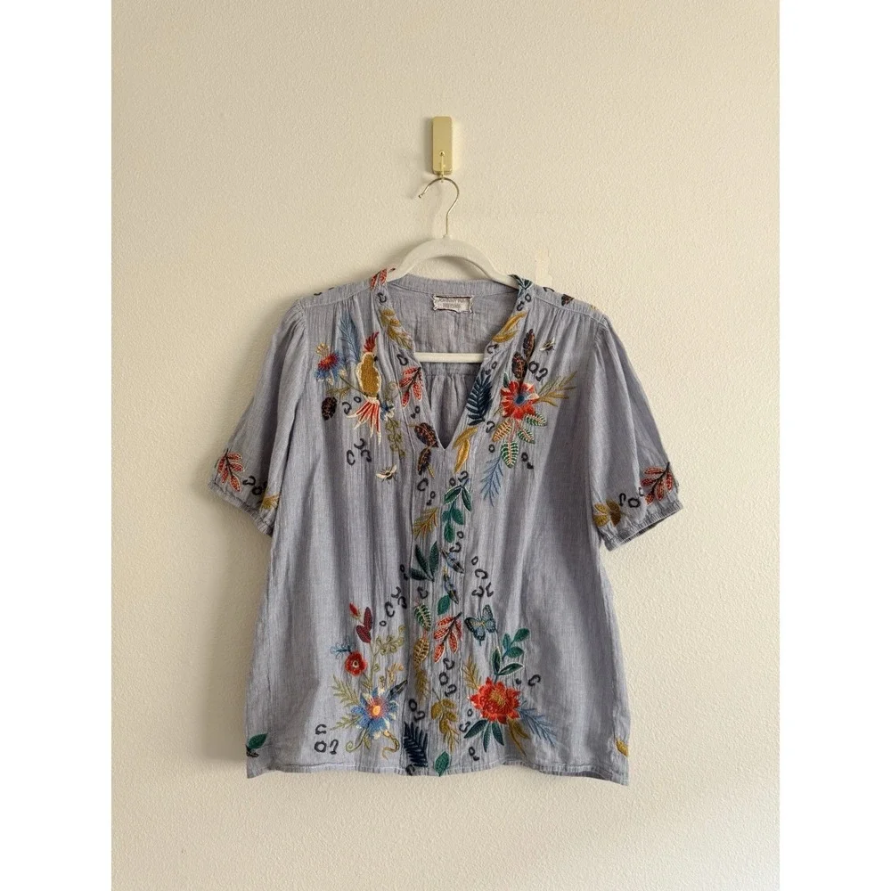 Johnny Was Indraa Puff Sleeve Popover Blouse Sz XS/S Floral Tiger Embroidered